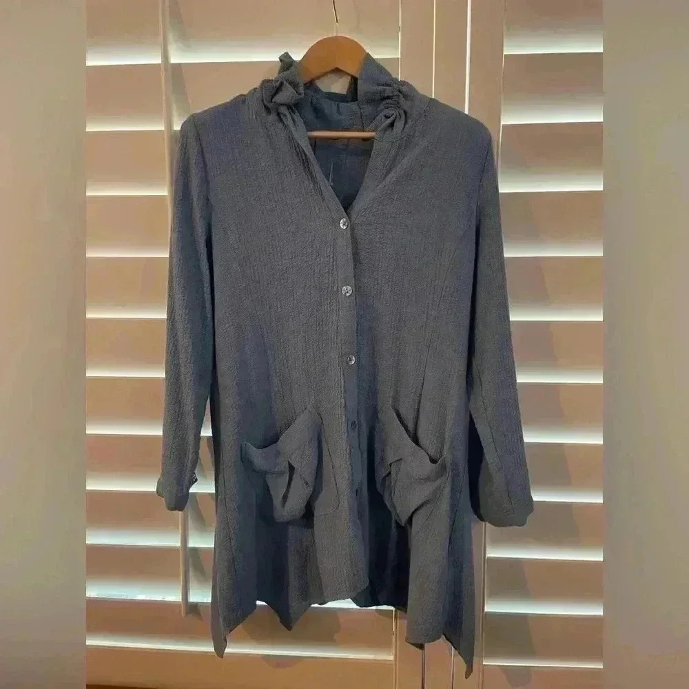 Soft Surroundings Women's Blue Button-Up Mock Collar Shirt Top Blouse Size M